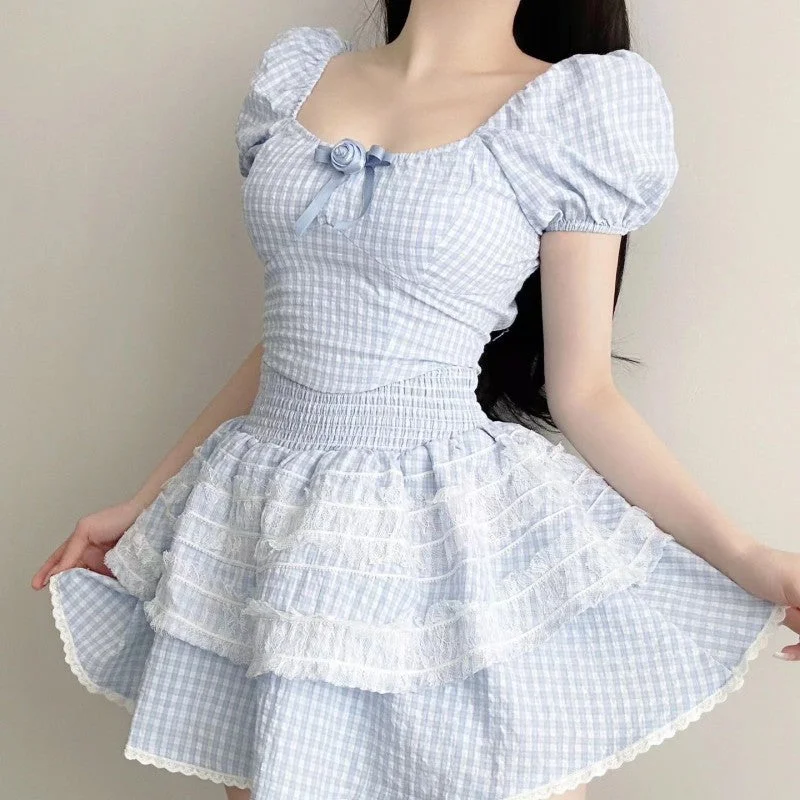 Blue plaid top + high waist tutu skirt two-piece set PL53517 velvet skirt rich