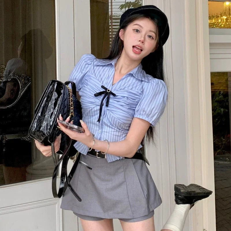 Blue Short Sleeve Striped Shirt+Grey Skirt PL53436 a-line skirt cut