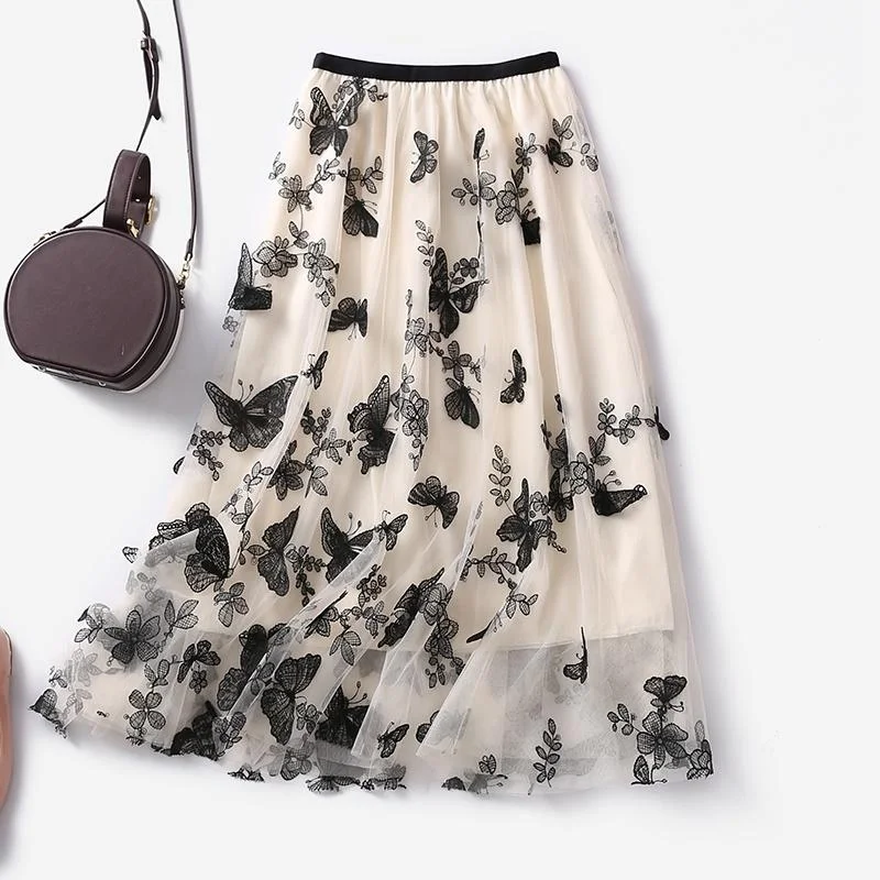 Butterfly embroidery Women Chiffon Skirt Mid-length A-line Skirt Plus Size Fairy Skirt Summer Ruffled Elastic Waist Sandy Beach Vacation Daily ruffled skirt detail