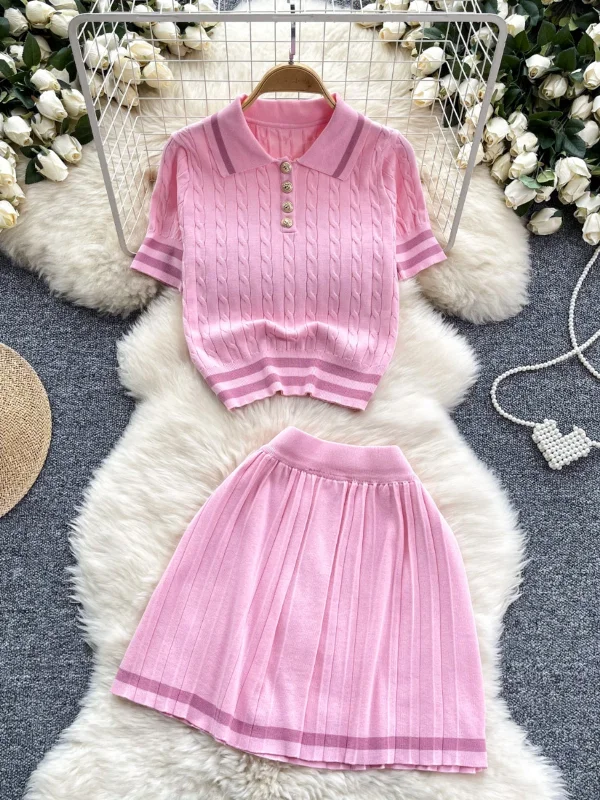 Button-Up Pleated Skirt Top Pink Two-Piece Knit Set summer skirt style