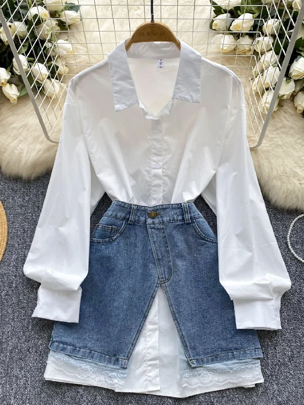 Classic White Blouse with Denim Skirt wool skirt sturdy