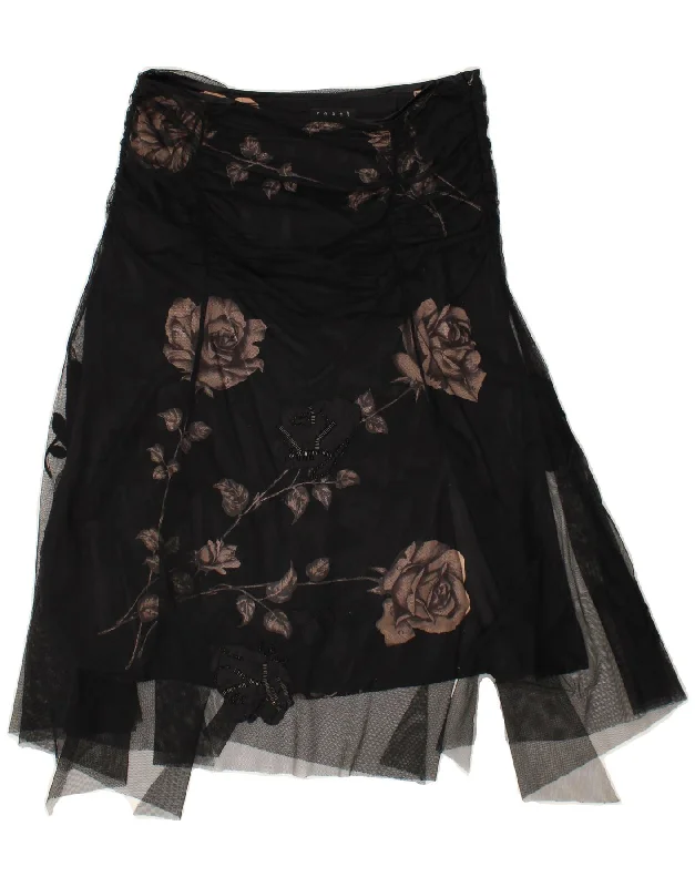 COAST Womens Asymmetrical Skirt UK 12 Medium W32 Black Floral Polyamide silk skirt smooth