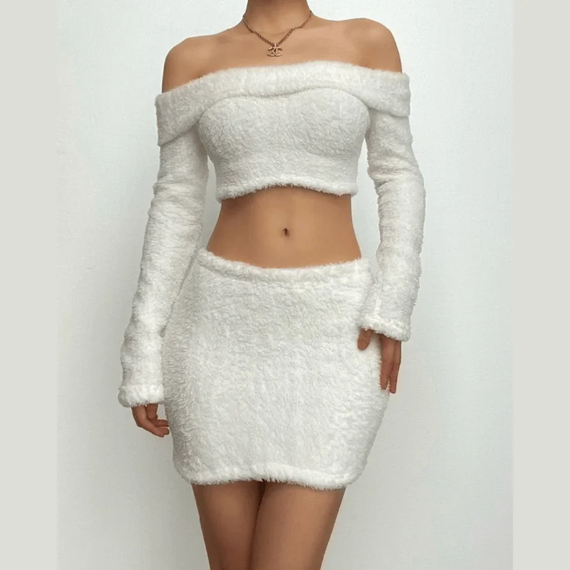 Fluffy solid off shoulder long sleeve mini skirt set chiffon skirt delicate