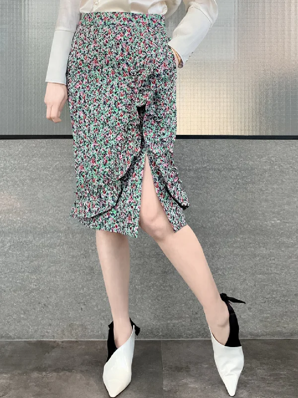 Surprise Sale! Green Jacquard Blossom Ruffle Slit Pencil Skirt wool skirt warm