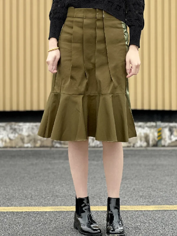 Green Pleated Detail Satin Patch Knee-length Skirt elastic waist skirt