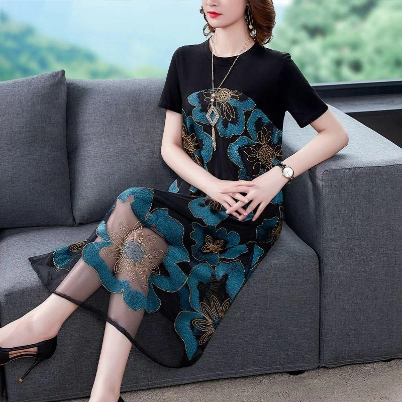 Large Siz M-XXXXL Summer Loose Chiffon Round Neck Exquisite Embroidery Pattern Stitching Mid-length Skirt wool skirt breathable