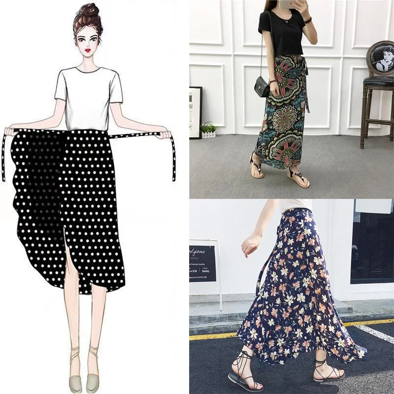 Long Floral Chiffon Casual Skirt One-piece Skirt Women Summer Chiffon Wrap Skirt Long Beach Skirt high slit skirt