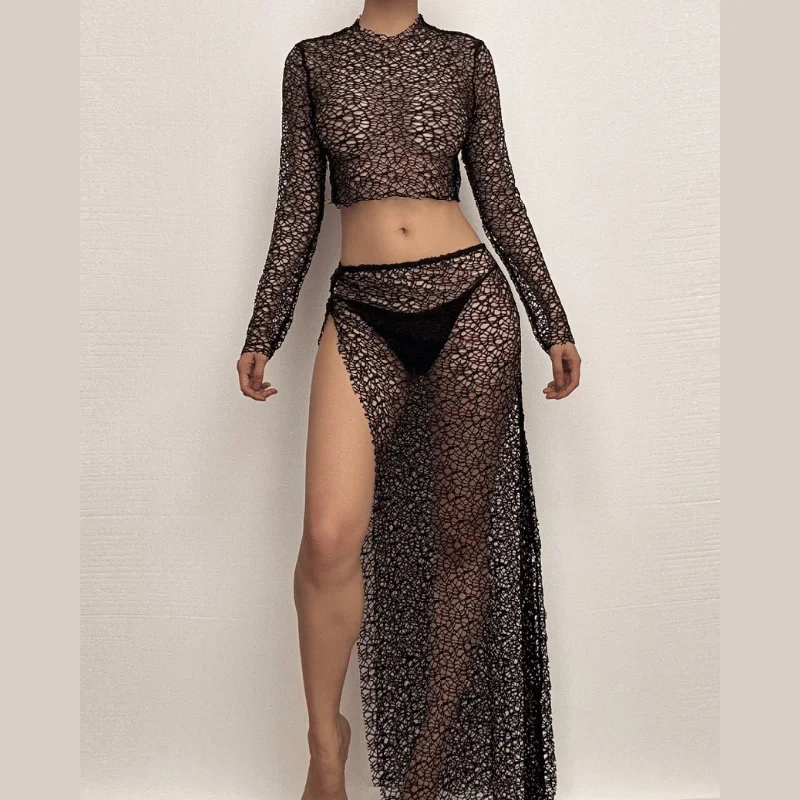 Long sleeve fishnet see through high slit maxi skirt set elastic waist skirt