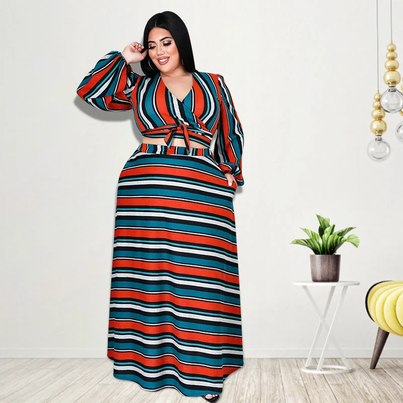 Plus Size Plus Size Women Clothing Autumn Striped Printed Long Sleeves Long Skirt Set velvet skirt rich