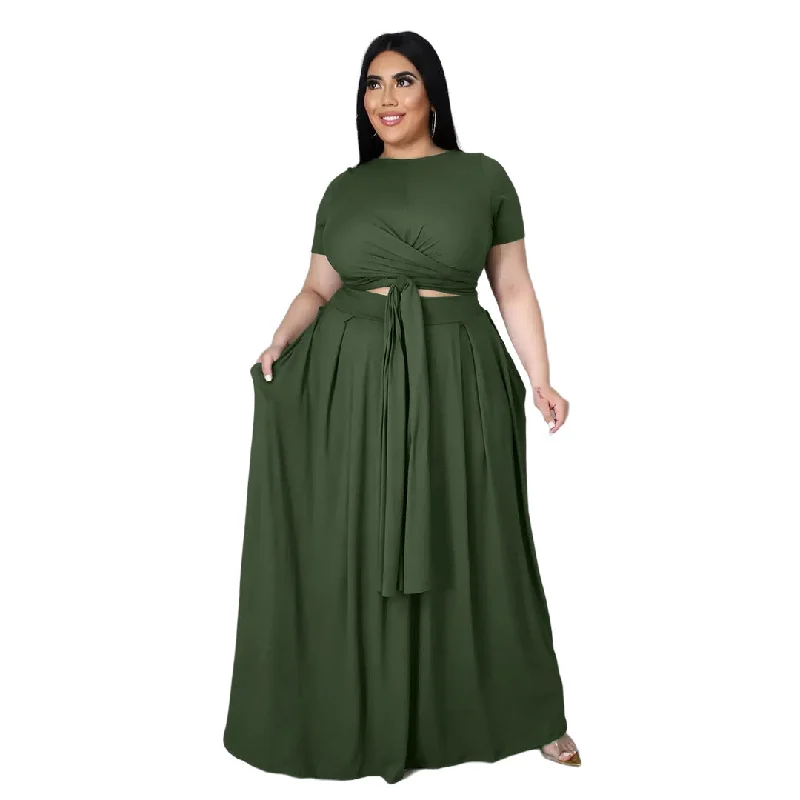 Plus Size Plus Size Women  Solid Color Cross Lace-up Large Swing Skirt Two-Piece Suit linen skirt natural