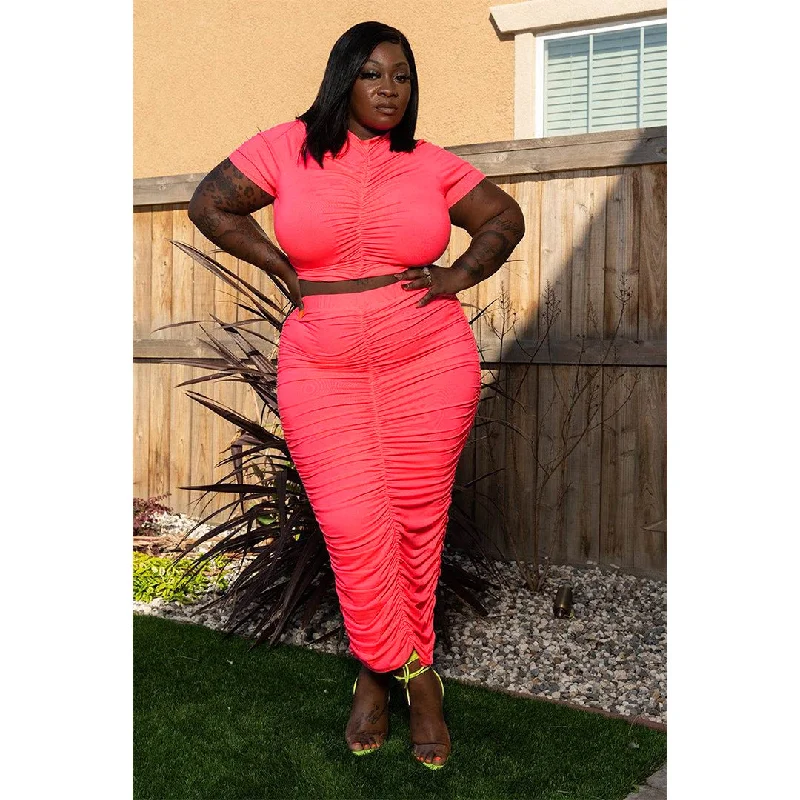 Plus Size Plus Size Women Solid Color Pleated Super Elastic Skirt Set Two-Piece Set pencil skirt chic