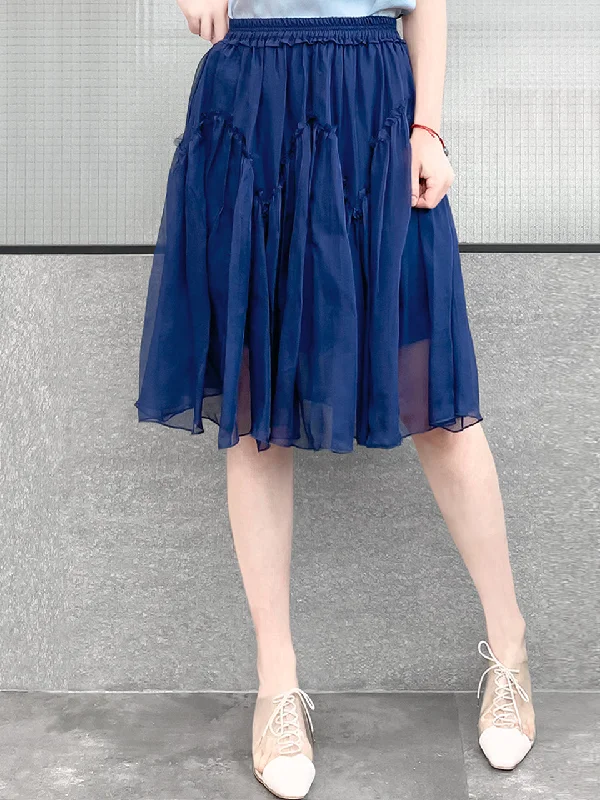 Surprise Sale! Royal Blue Knee Length A-Line Silky Ruffle Skirt floral skirt print