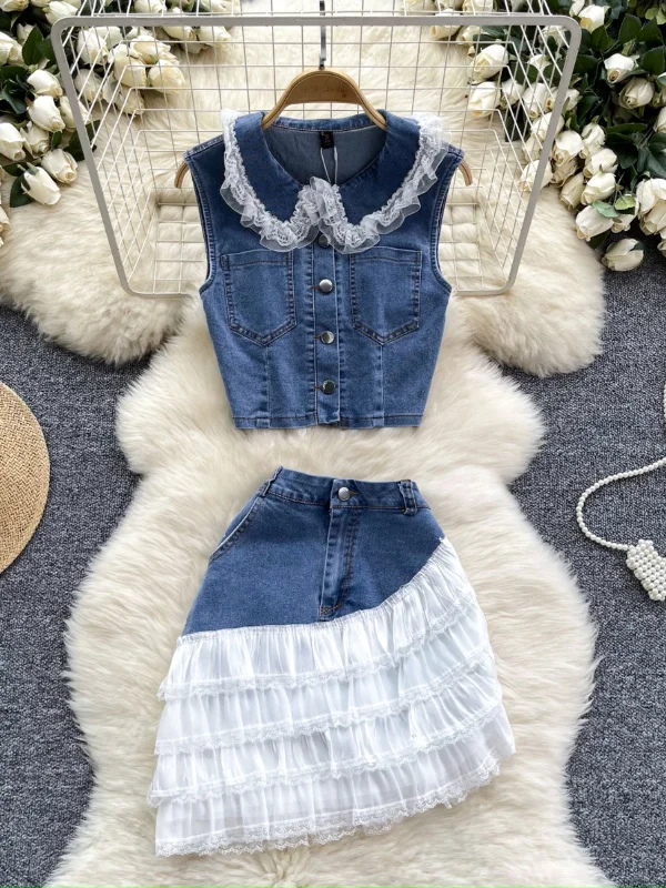 Ruffled Hem Lace Denim Vest and Skirt Set breathable skirt fabric