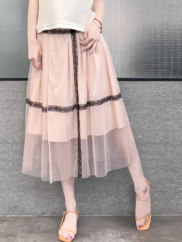 Last Chance! Blush Pink Lace Trim Tulle Layer Pleated Wrap Skirt breathable skirt fabric