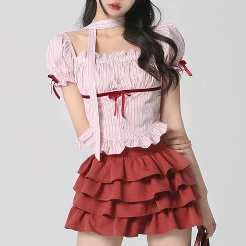 Striped Bow Shirt Red Cake Skirt Two-Piece Set PL53418 relaxed fit skirt