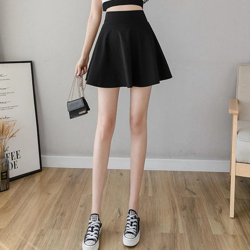 Two Layers High-waist Plus Size Short Skirt Women's A-line Skirt Pleated Skirt Anti-glare Solid Color Big Pocket spandex blend skirt