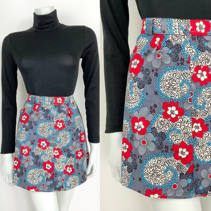 VINTAGE 60s 70s NAVY BLUE WHITE RED PSYCHEDELIC FLORAL MINI SKIRT 10 leather skirt sleek