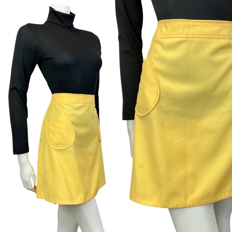 VINTAGE 60s 70s PALE YELLOW MOD A-LINE MINI SKIRT 8 silk skirt smooth