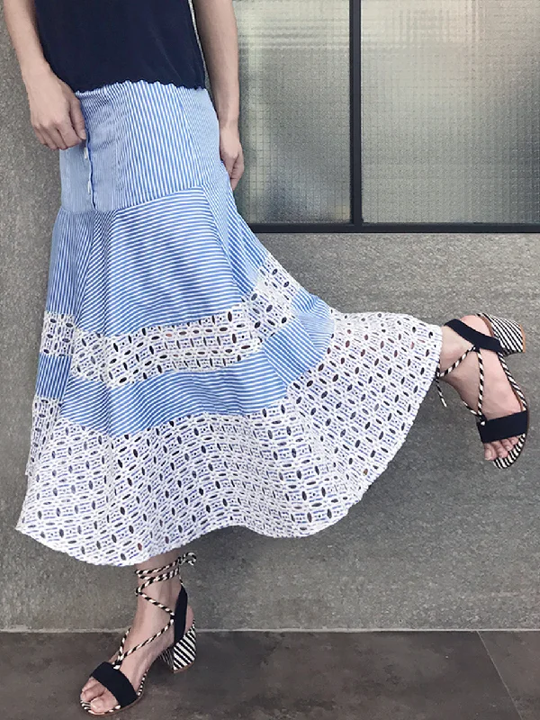 Last Chance! Blue Stripe Embroidered Lace Ruffle Midi Skirt wool skirt thick