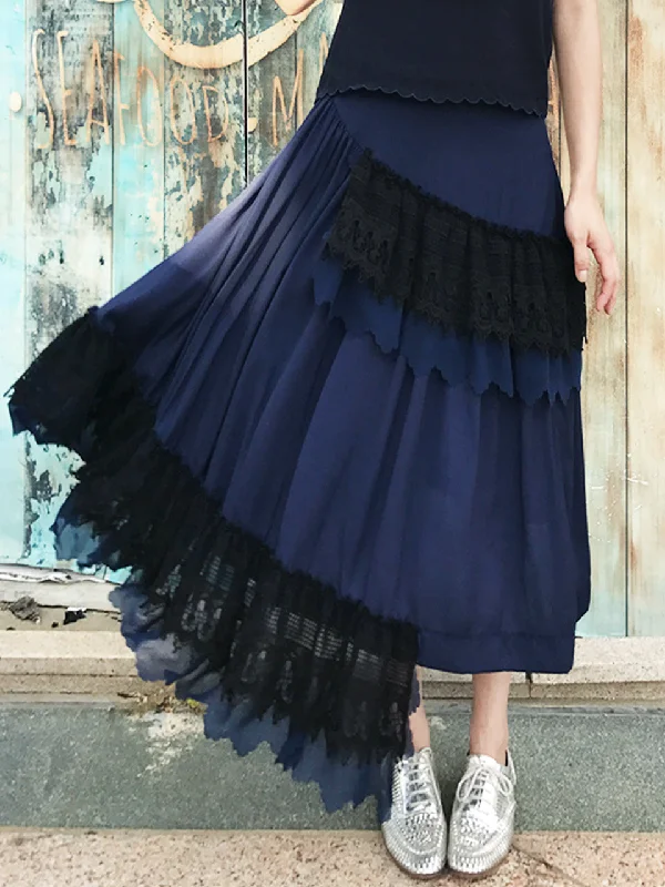 Final Sale! Navy Ruffled Asymmetrical Lace Patch Skirt patchwork skirt art