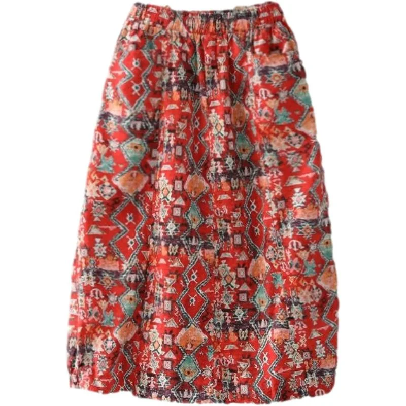 Women Large Size Cotton and Linen A-line Skirt Ethnic Style Printed Short Skirt Knee-length Enthusiasm silk skirt luxurious