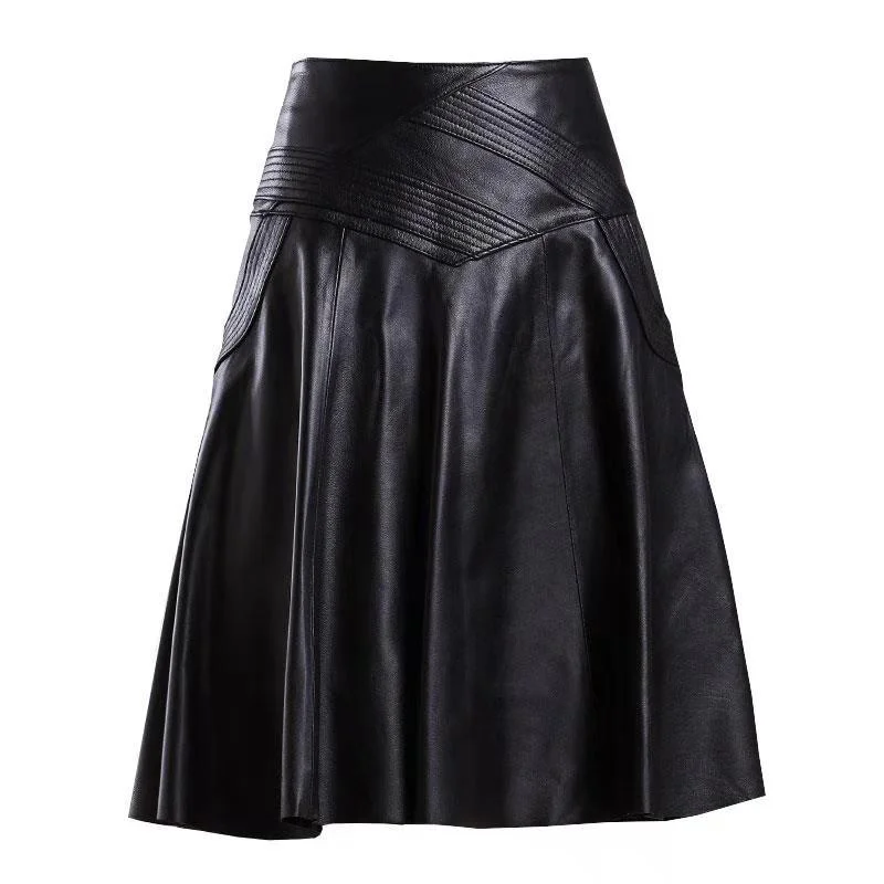 Women Spring Autumn PU Leather Skirts Lady High Waist A-line Skirt Midi Length Black Skirt Women leather skirt sleek