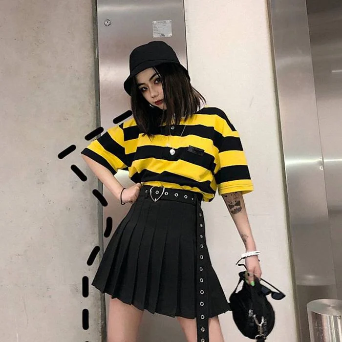 Women Summer Anti-walkout High Waist Slim Skirt Wild Black Pleated Skirt Hip Hop A-line Skirts Belt mini skirt trendy