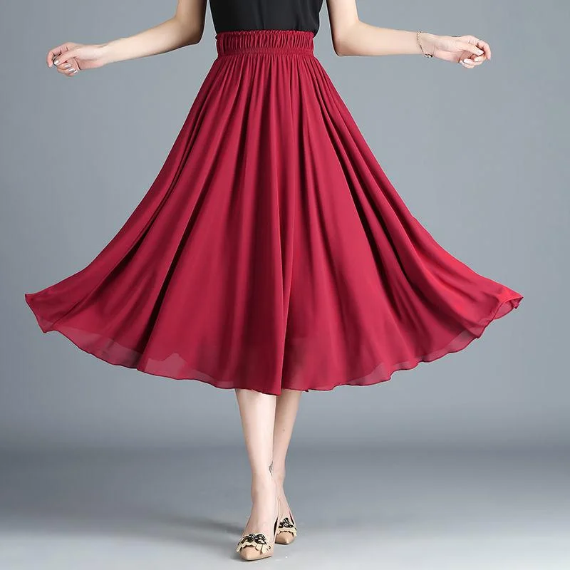 Women Vintage Elegant  High Waist A-line Chiffon Skirt Long Pleated Skirt ribbed skirt waist