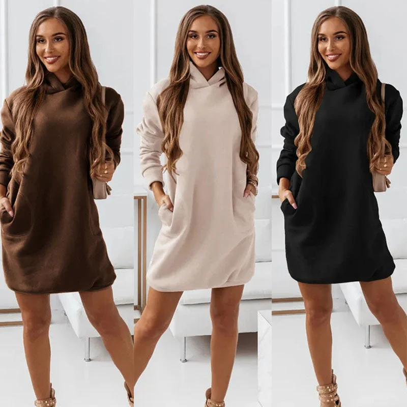 Women's Hooded Hipster Long-sleeved Solid Color Skirt satin skirt smooth