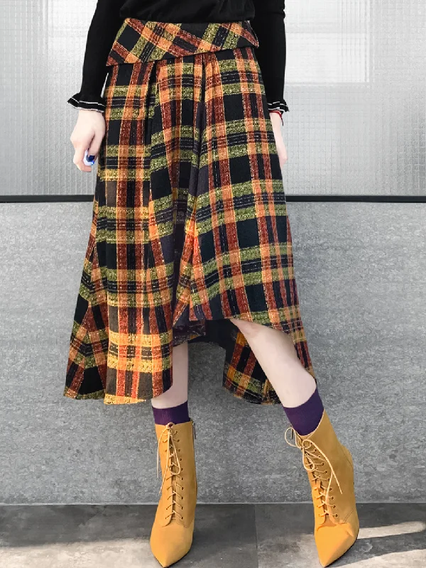 Last Chance! Yellowish Tartan Roll Top High/Low Flowy Skirt chiffon skirt airy